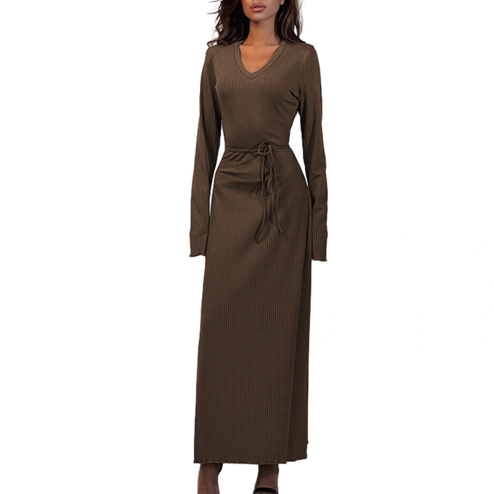 Women Fall Casual Long Dress Solid Color V-Neck Long Sleeve Dress