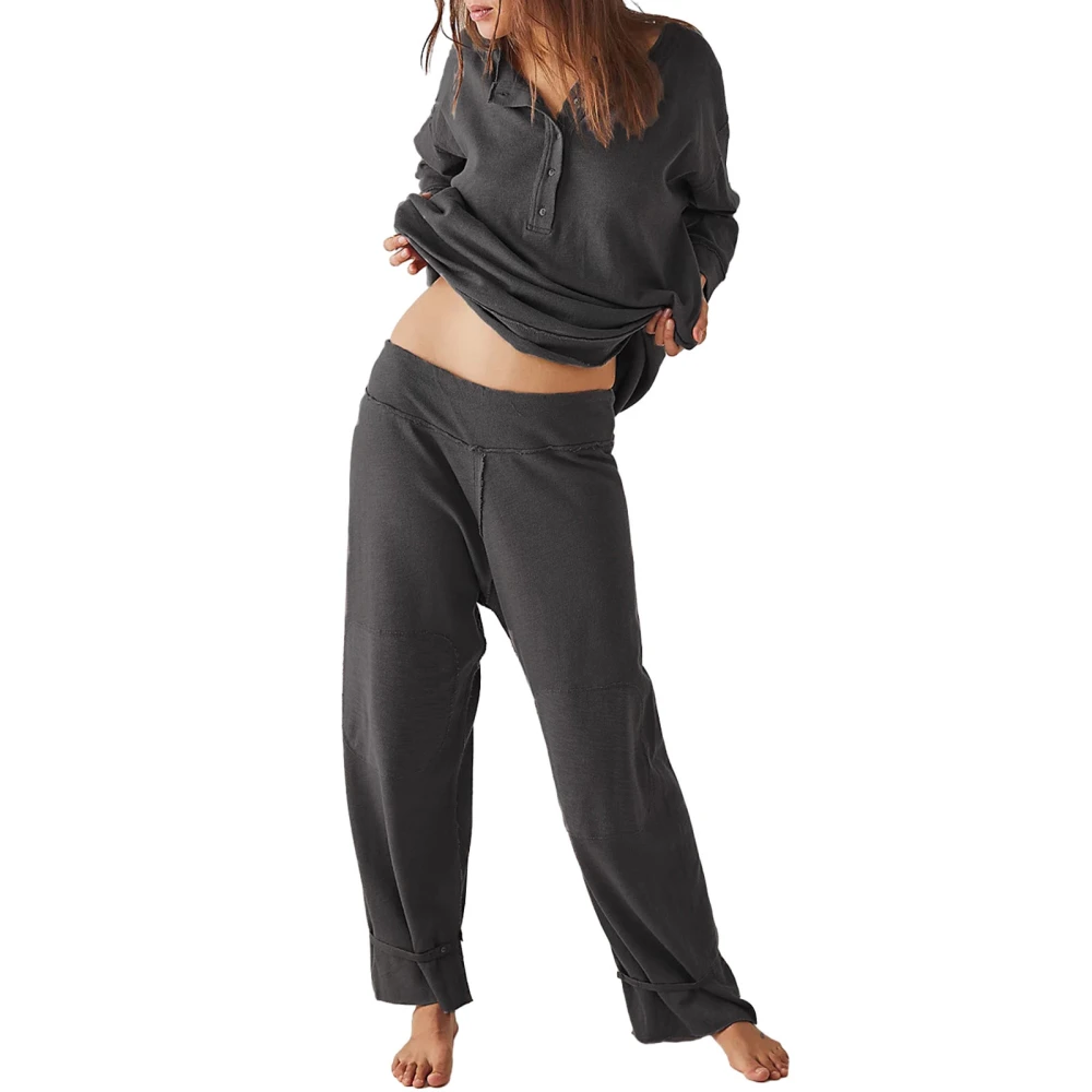 Women's Loungewear Set, Long Sleeve Henley Tops with Pants Sleepwear