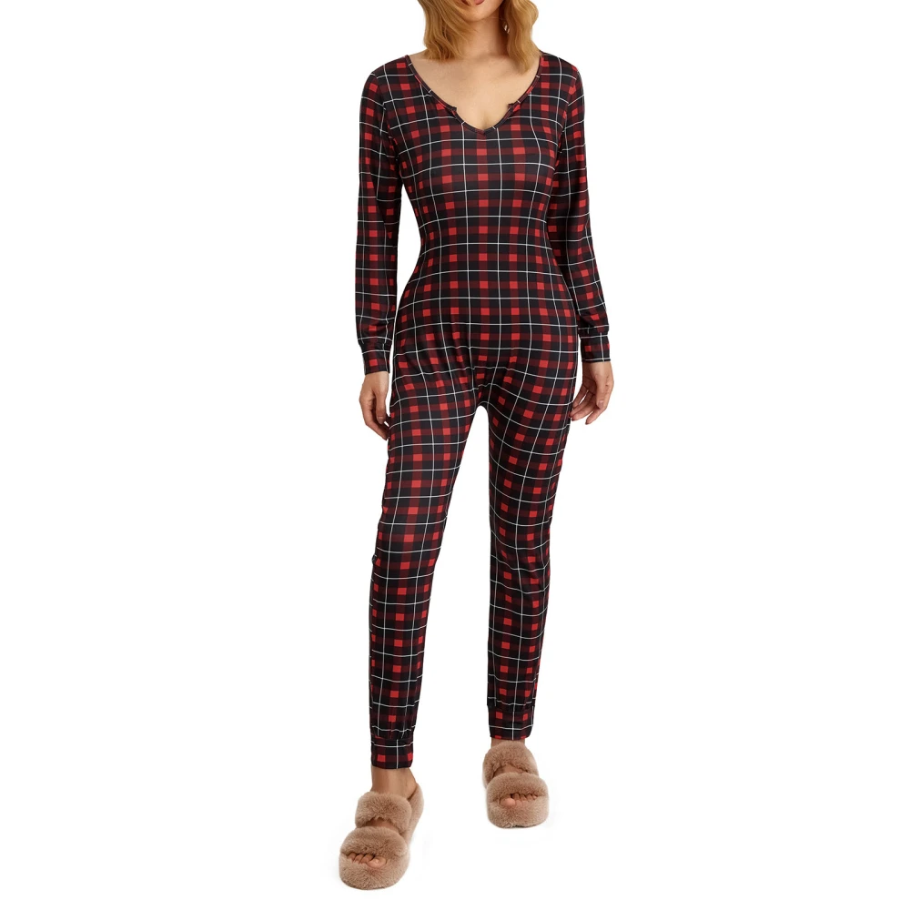 Women's Christmas Long Sleeve V Neck Snowflake Plaid Print Sleepwear