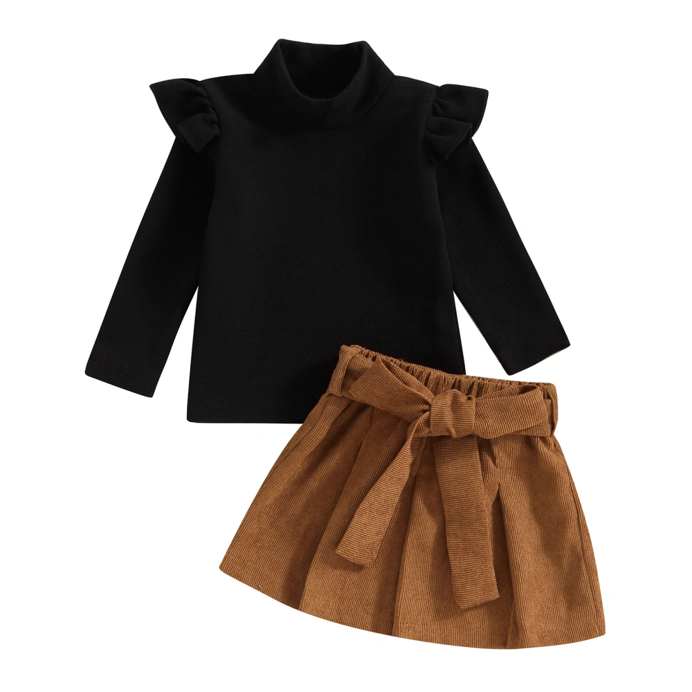 Girl Long Sleeve High Neck Tops with Corduroy A-Line Belted Skirt 