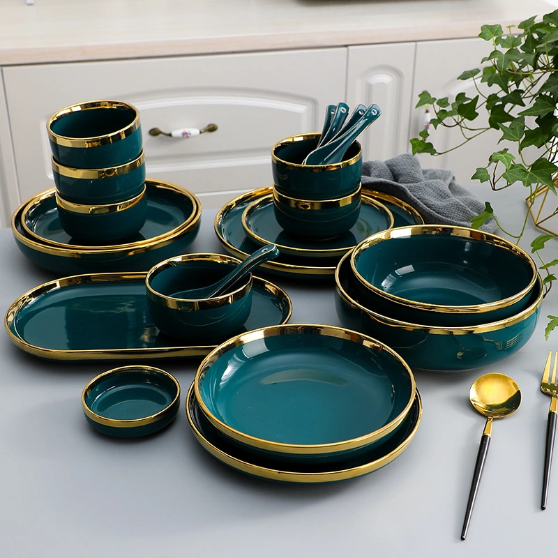 Ceramic Bowl Suit Peacock Green Plate Dinner