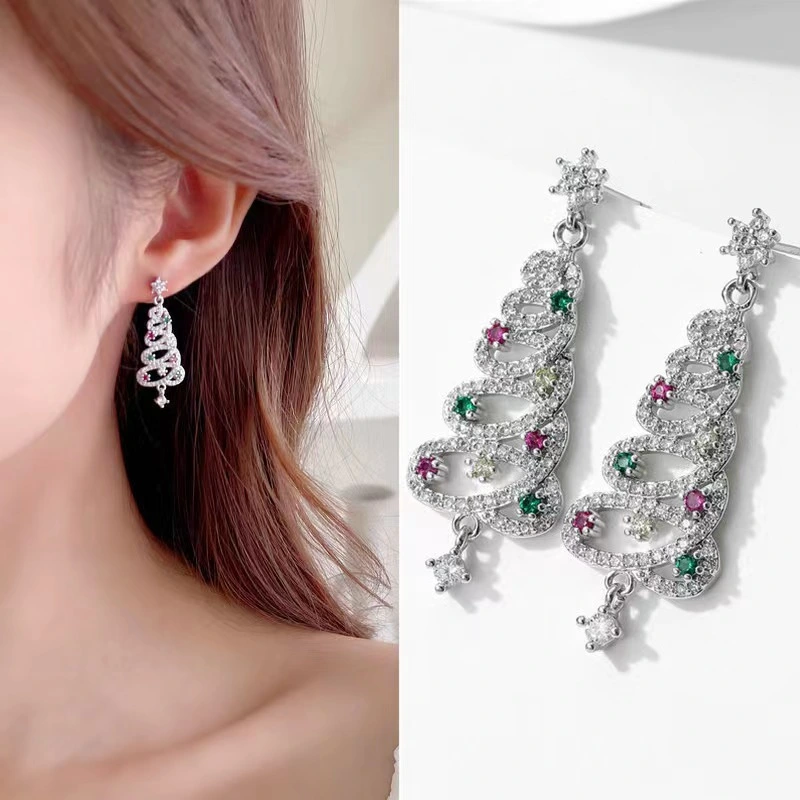 Light luxury colorful Christmas tree earrings for women niche design earrings