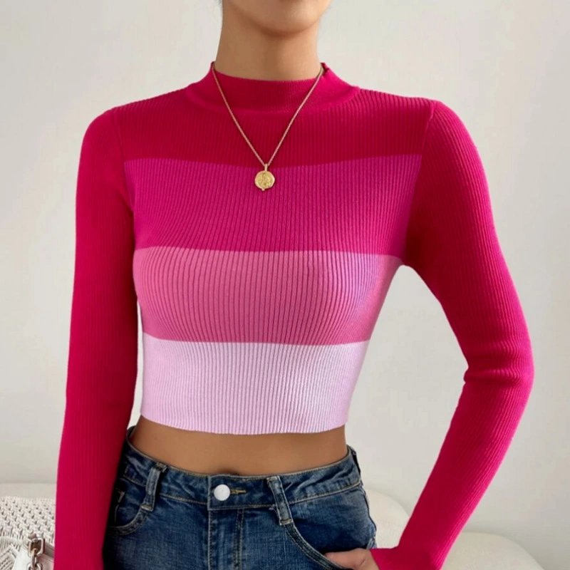 Women's Midriff-baring Sweater Striped Slim-fit Pullover Sweater