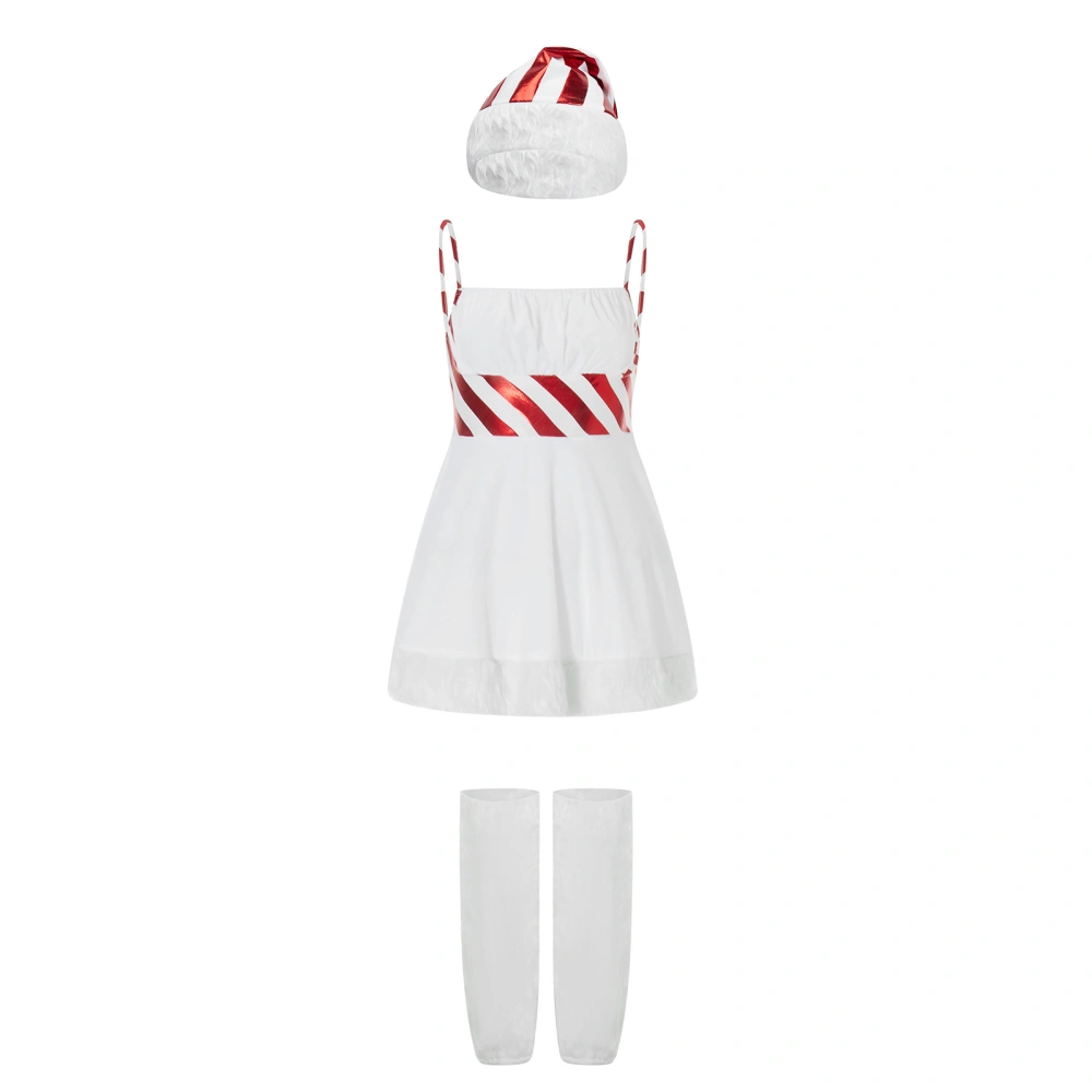 Women Christmas Costume, Striped Patchwork Slip Dress Hat Leg Warmers