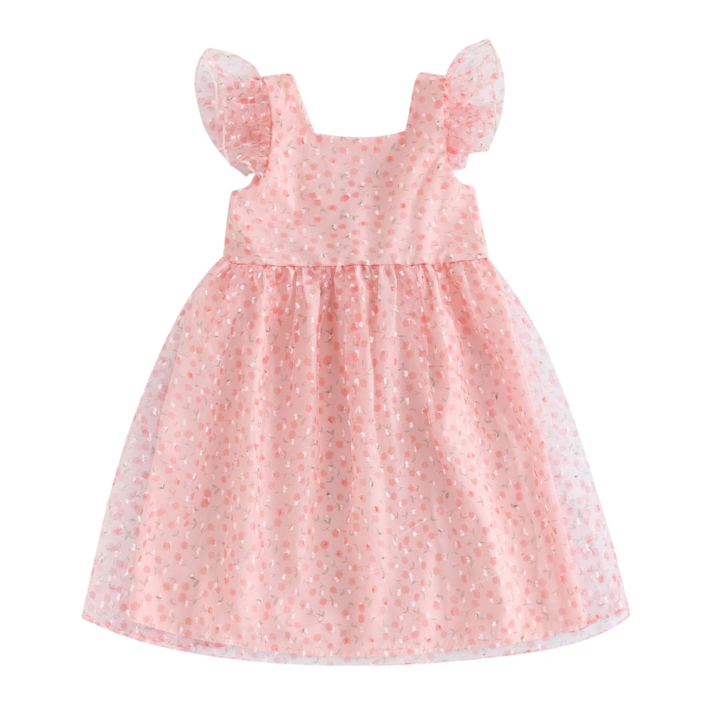 Baby Girl Summer Dress Sleeveless Square Neck Floral Print Tulle Dress