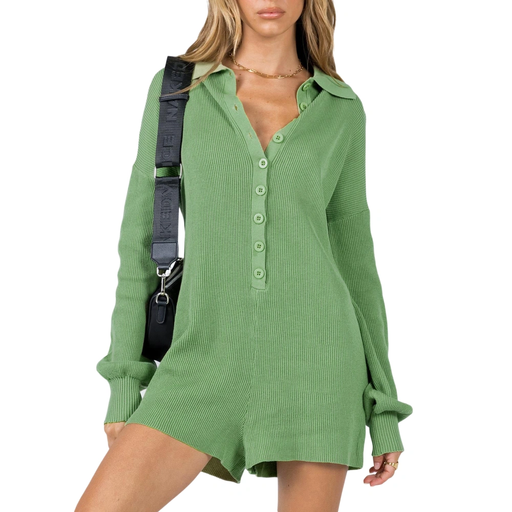 Women's Solid Color Long Sleeve Lapel Button Up Short Jumpsuit