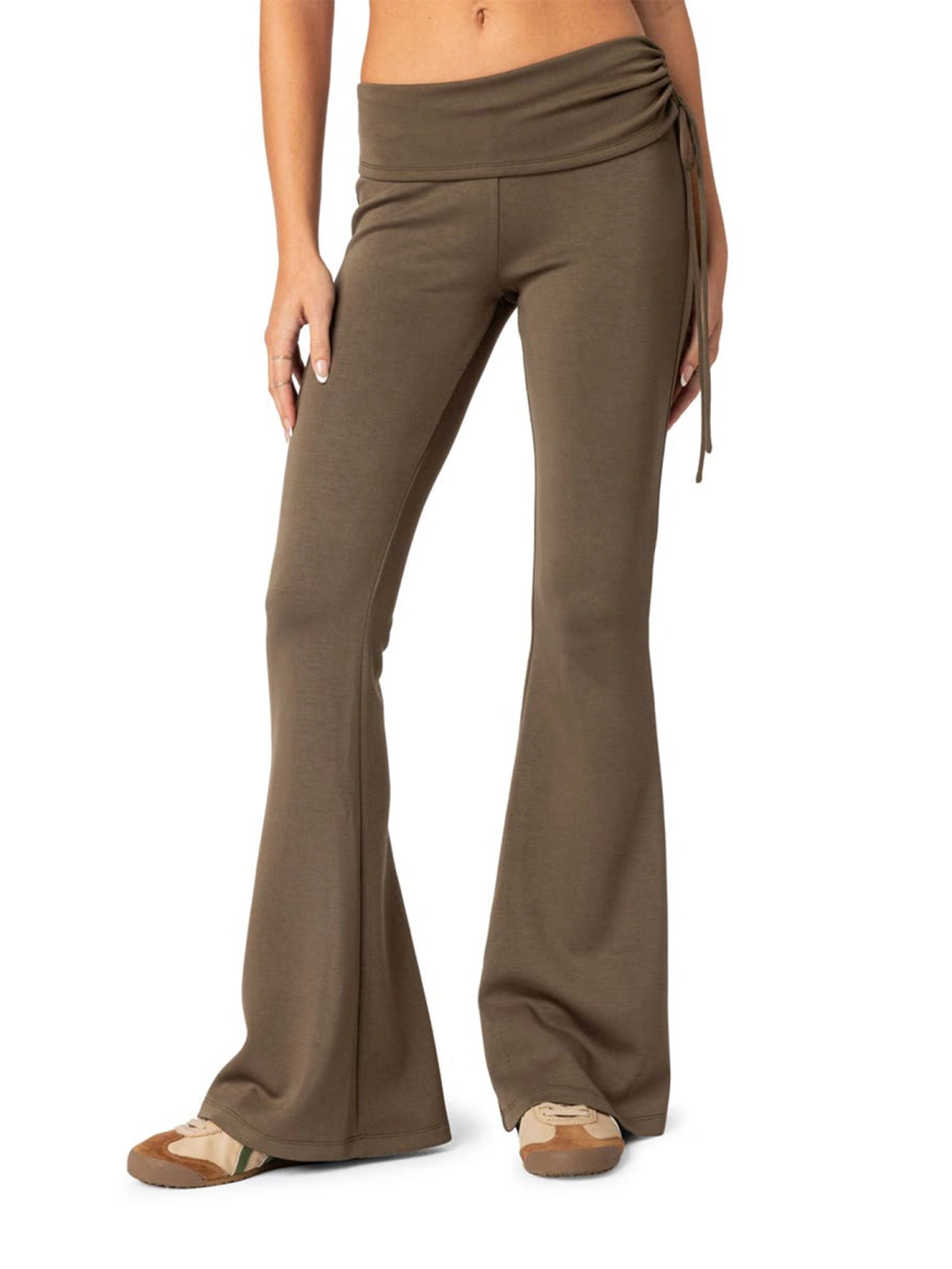 Women Foldover-Waist Flare Pants Side Drawstring Solid Color Pants