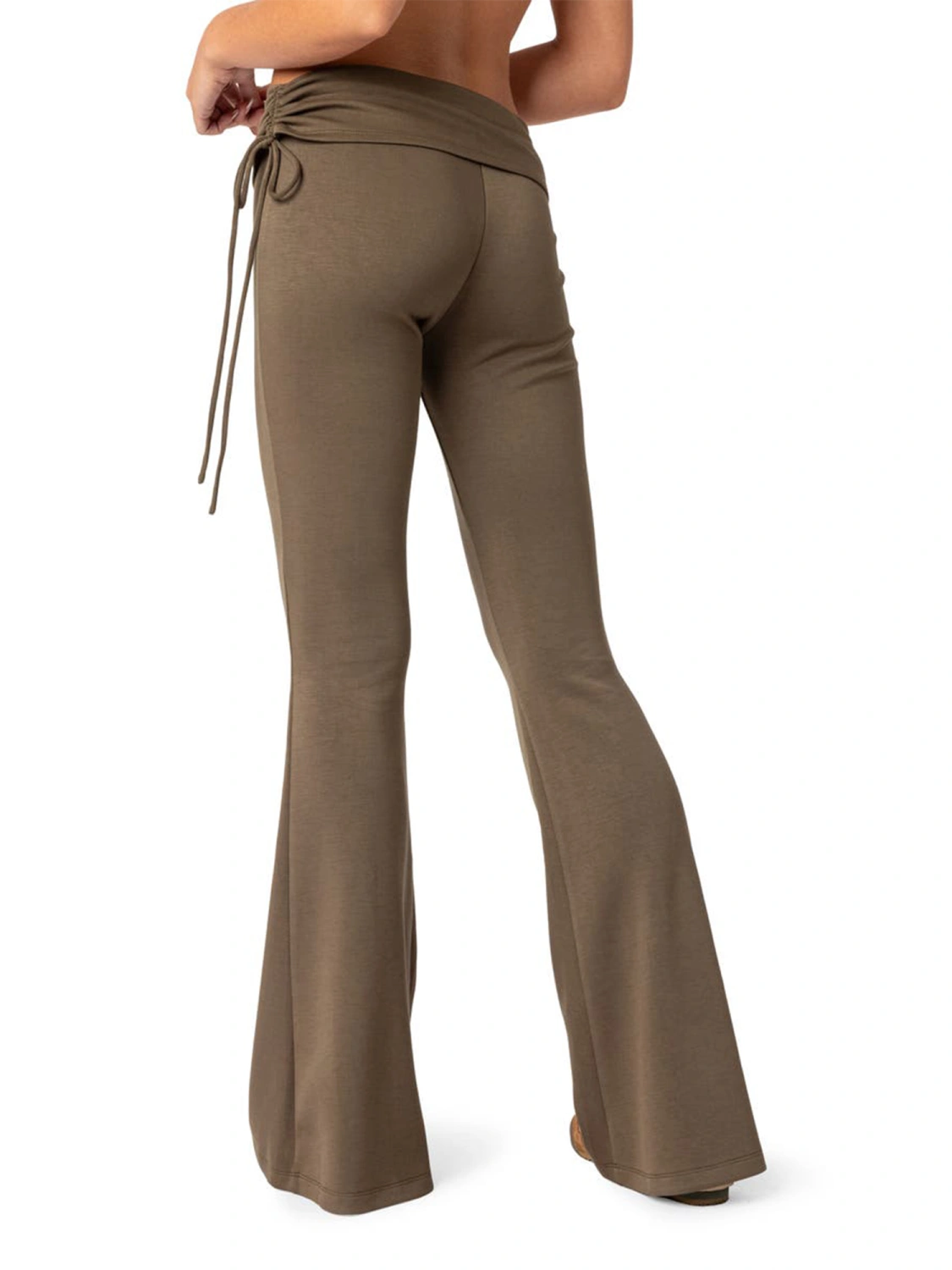 Women Foldover-Waist Flare Pants Side Drawstring Solid Color Pants