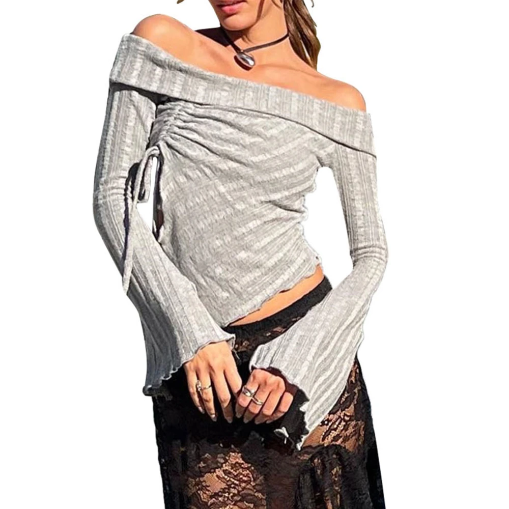 Women’s Off Shoulder Knit Tops Long Sleeve Slim Fit Drawstring Sweater