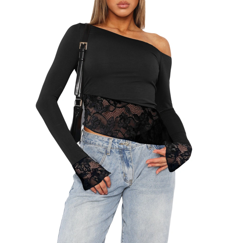 Women Long Sleeve T-Shirts Lace Patchwork Oblique Shoulder Shirts