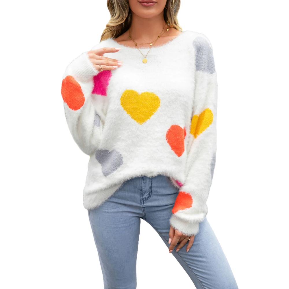 Women’s Fuzzy Long Sleeve Round Neck Heart Print Warm Knit Sweater