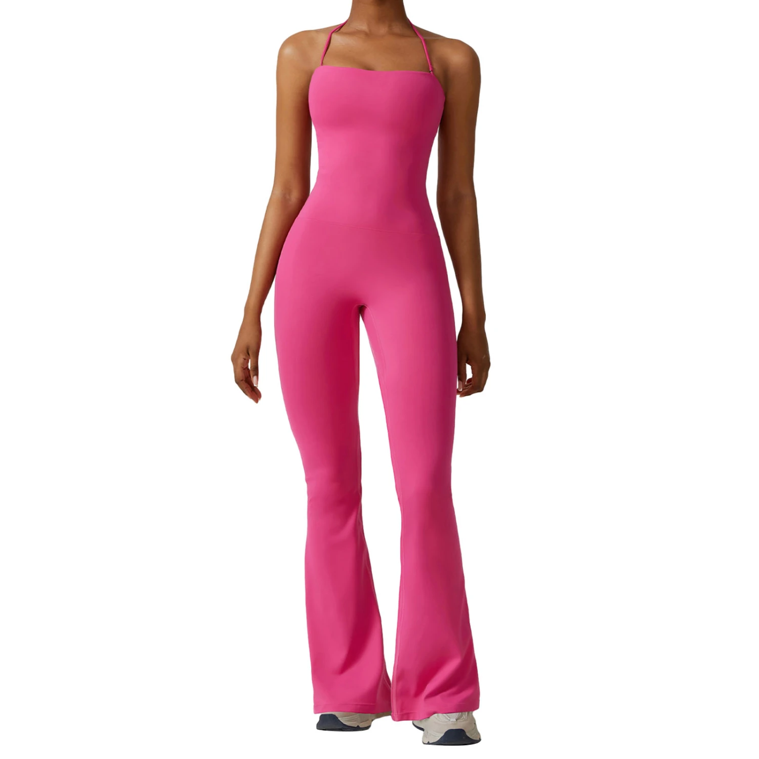 Women's Yoga Slim Halter Jumpsuit, Solid Backless Flare Pants Romper 