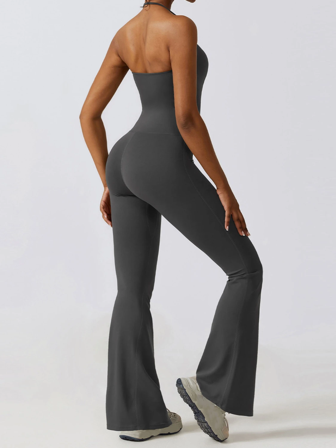 Women's Yoga Slim Halter Jumpsuit, Solid Backless Flare Pants Romper 