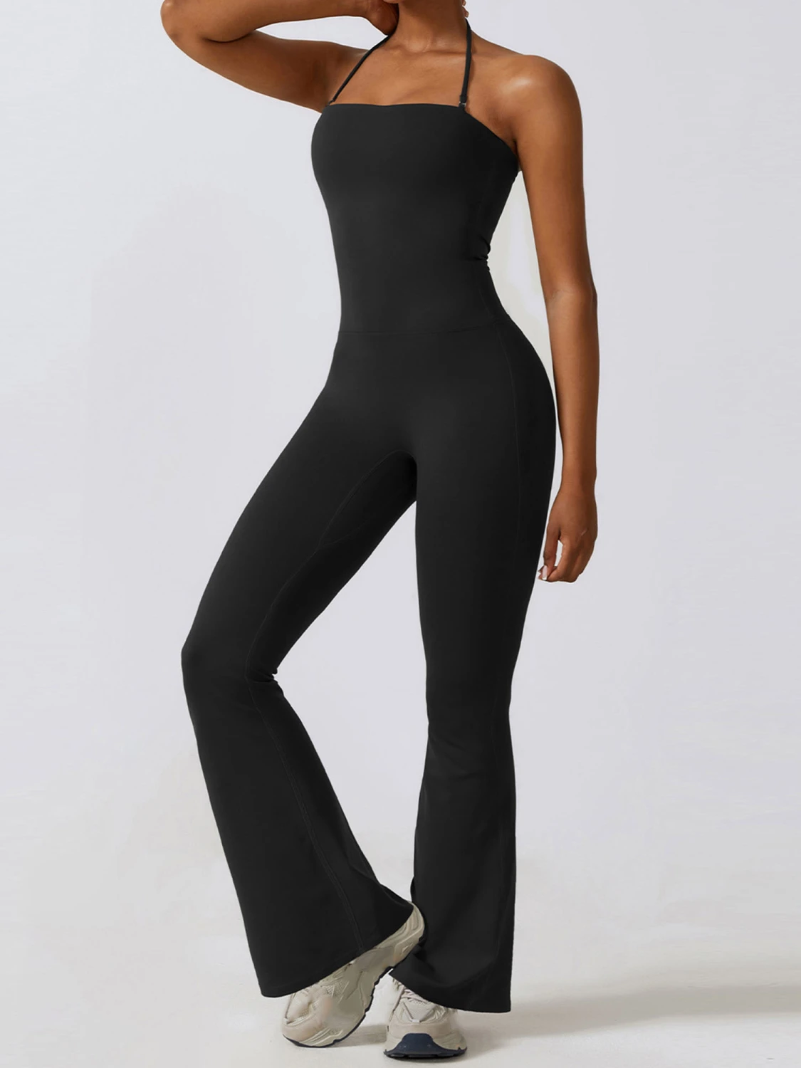Women's Yoga Slim Halter Jumpsuit, Solid Backless Flare Pants Romper 