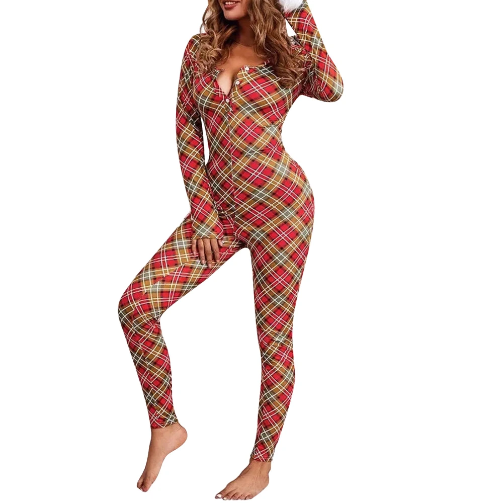 Women Christmas Jumpsuit Long Sleeve Plaid/Snow Bodysuit Sleepwear