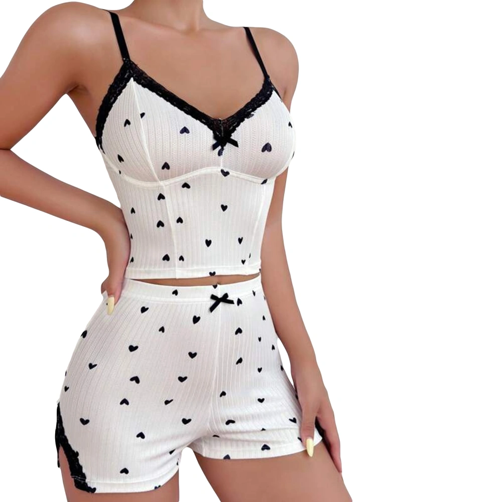 Women 2 Piece Pajama Set Heart Print V Neck Camisole and Shorts