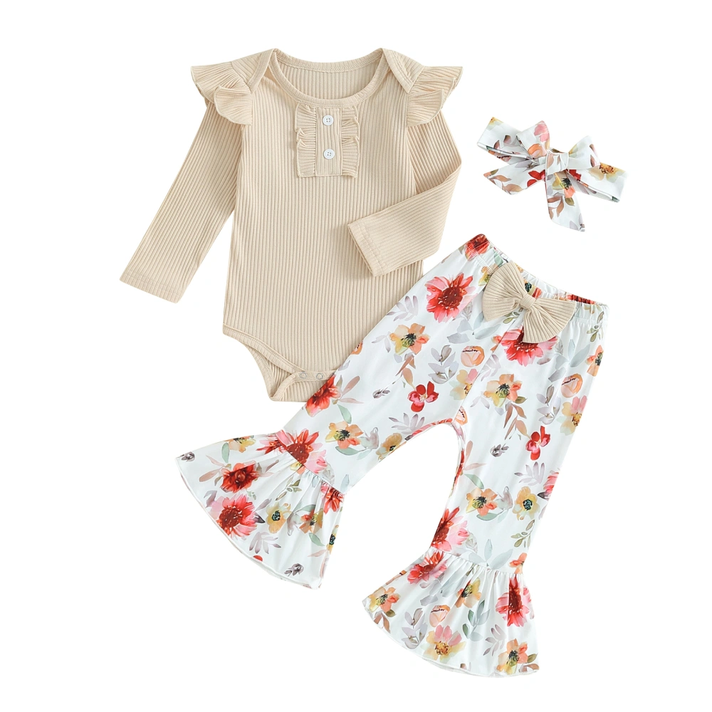 Newborn Girl Long Sleeve Romper with Flower Flare Pants Headband