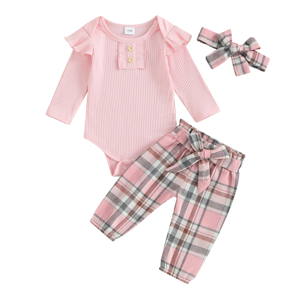 Baby Girls Fall Outfits Solid Color Rompers Plaid Pants Headband