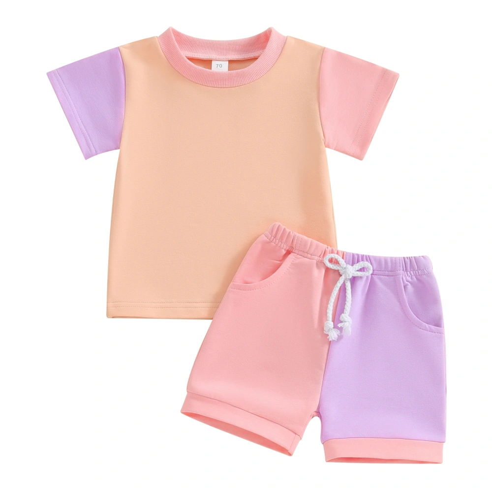 Toddler Short Sleeve Contrast Color Tops and Drawstring Shorts Sets