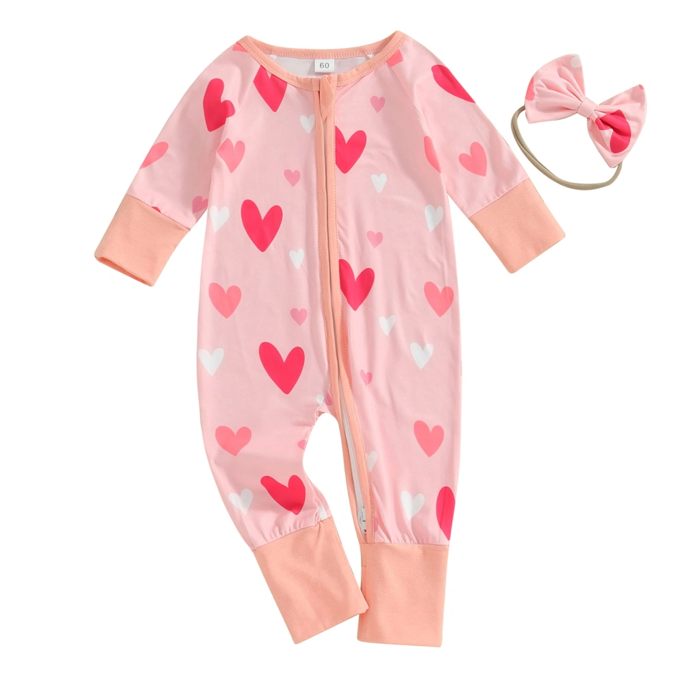 Baby Girl Fall Outfit, Long Sleeve Heart Print Jumpsuit Bow Headband