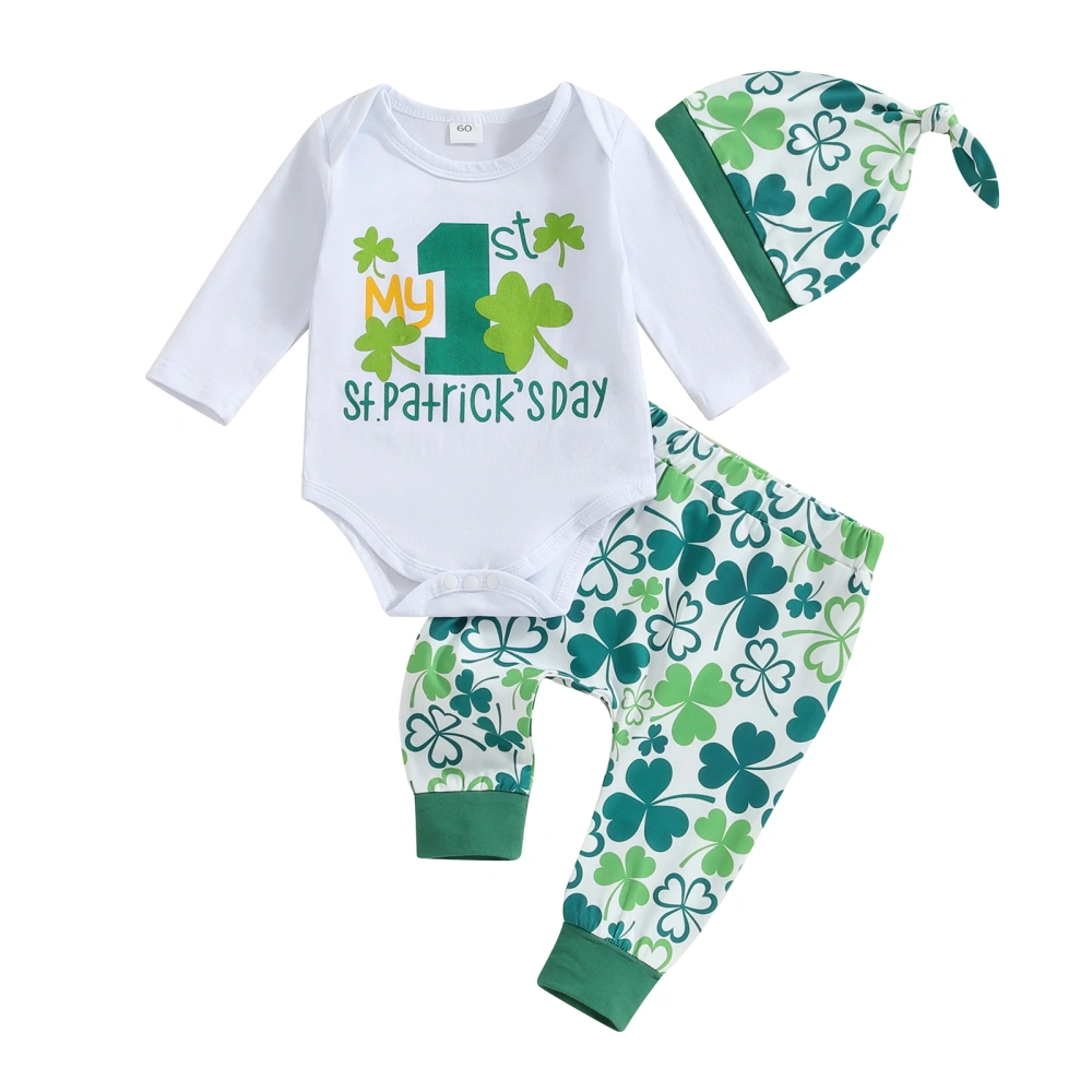 Baby Boy Irish 3 Piece Outfit Shamrock Print Rompers and Pants Beanie