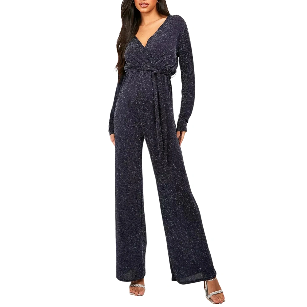 Women’s Sparkly Wrap Jumpsuits Long Sleeve V Neck Rompers with Belt