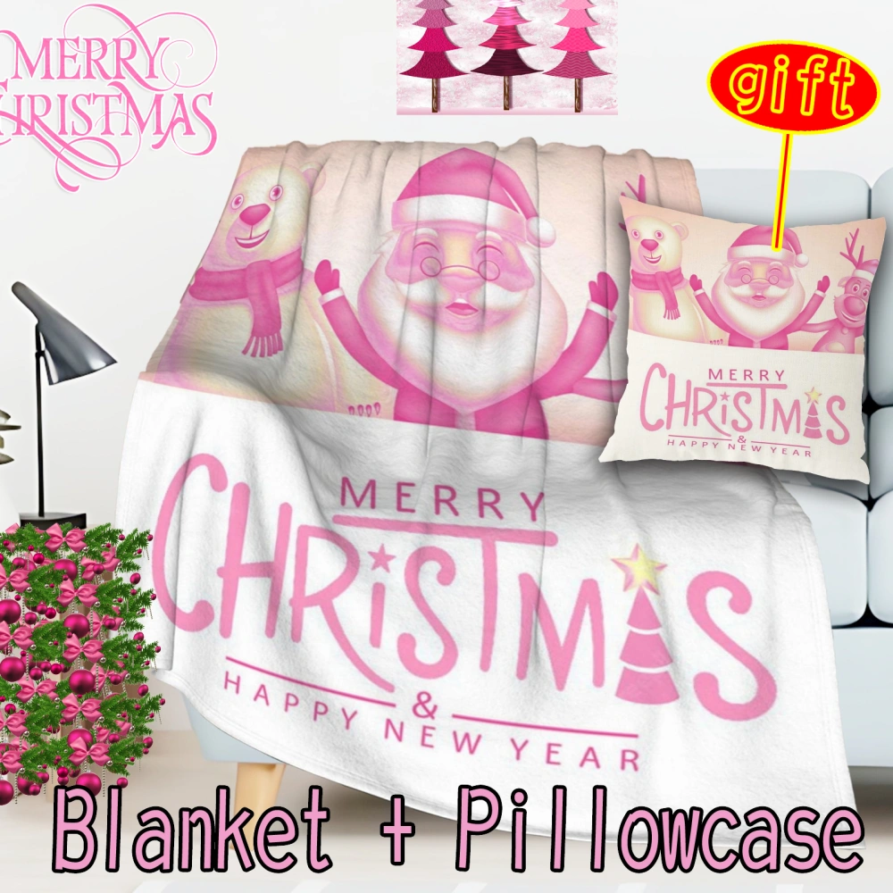 2Pcs Pink Santa Christmas Throw Blanket Flannel Fleece, Xmas Tree Soft Plush Cozy Baby Blankets, Winter Snowflake Pink Blankets Throws warning(Pink-08,32x48'')