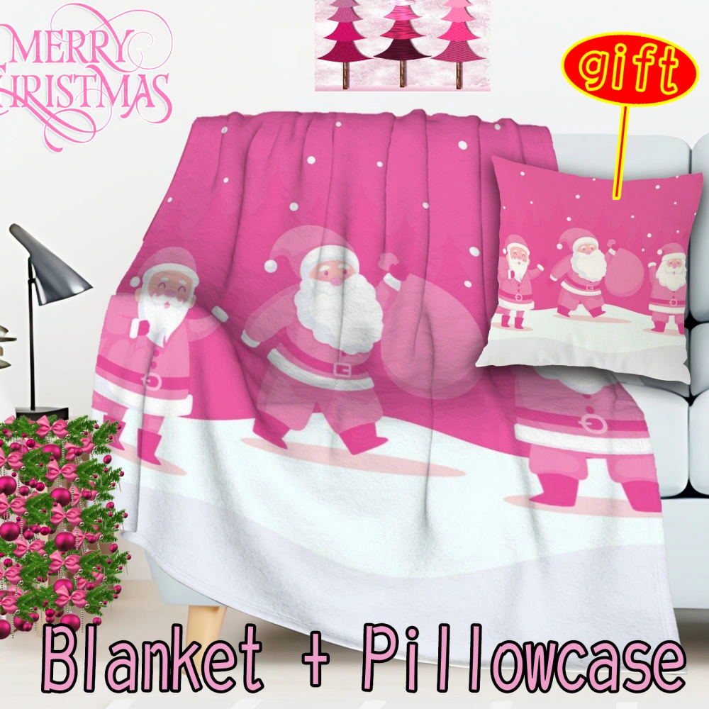 2Pcs Pink Christmas Blanket Pillowcase, Soft Cozy Fuzzy Warm Throw Blanket for Couch Microfiber Lightweight Knitted Blanket Holiday Theme Home Décor Best Gift Idea(Pink-10,32x48'')