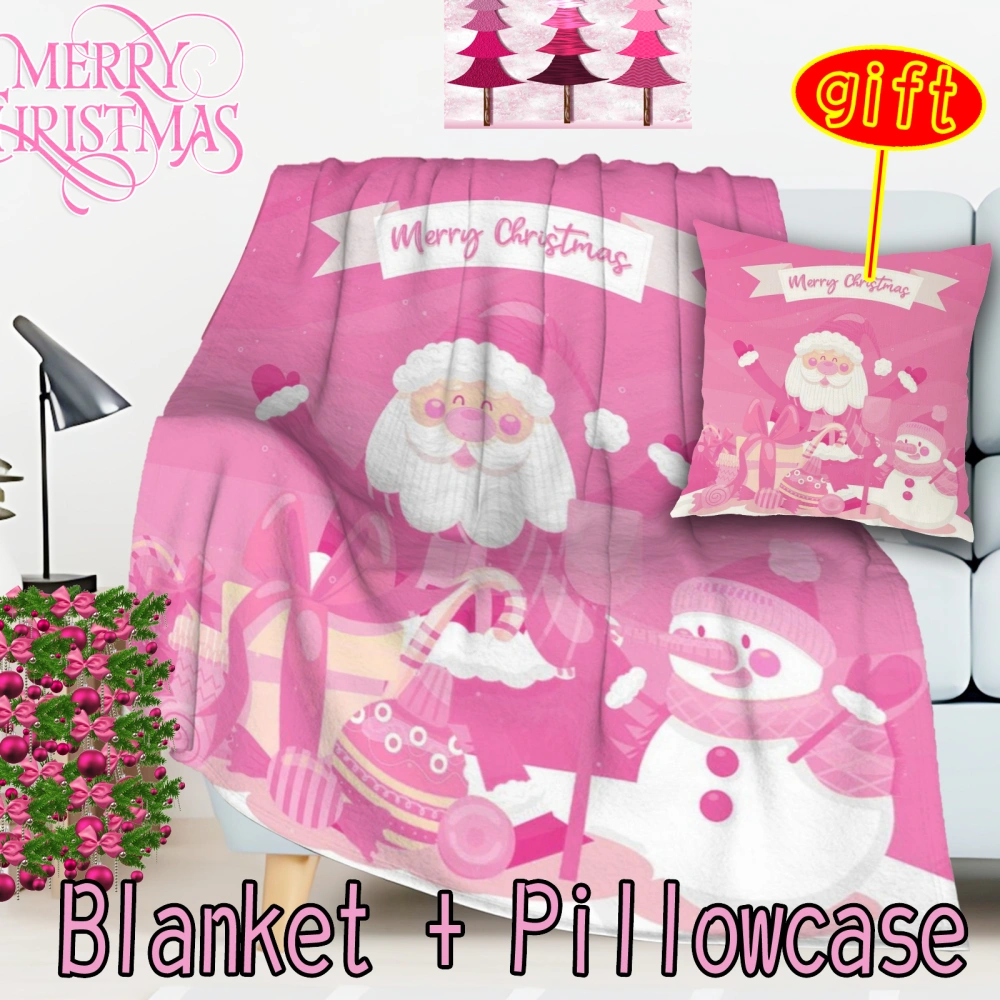 2Pcs Pink Christmas Blanket Pillowcase,Xmas Blanket for Girls Cute for Kids Toddler(Pink-14,32x48'')