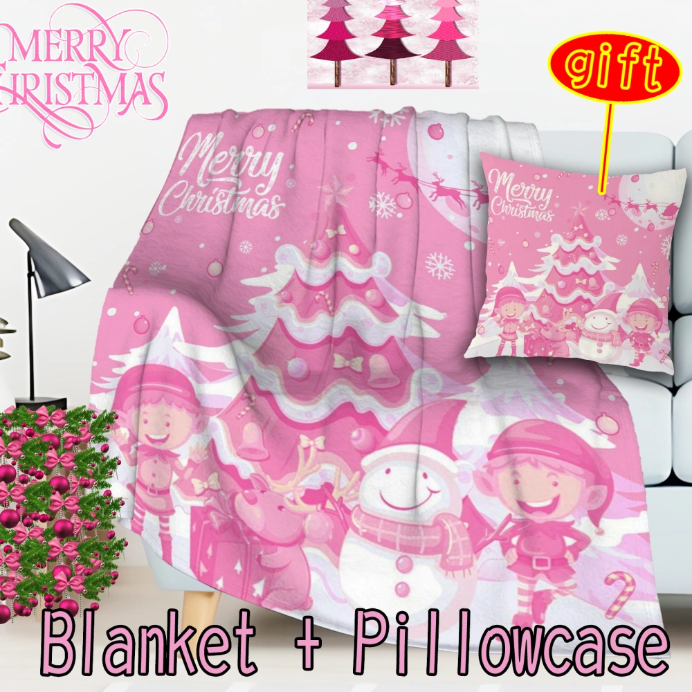 2Pcs Pink Christmas Throw Blanket Pillowcase,Snowman Pine Fuzzy Blanket Christmas Tree Cute Deer Sherpa Blanket Xmas Decor(Pink-21,32x48'')