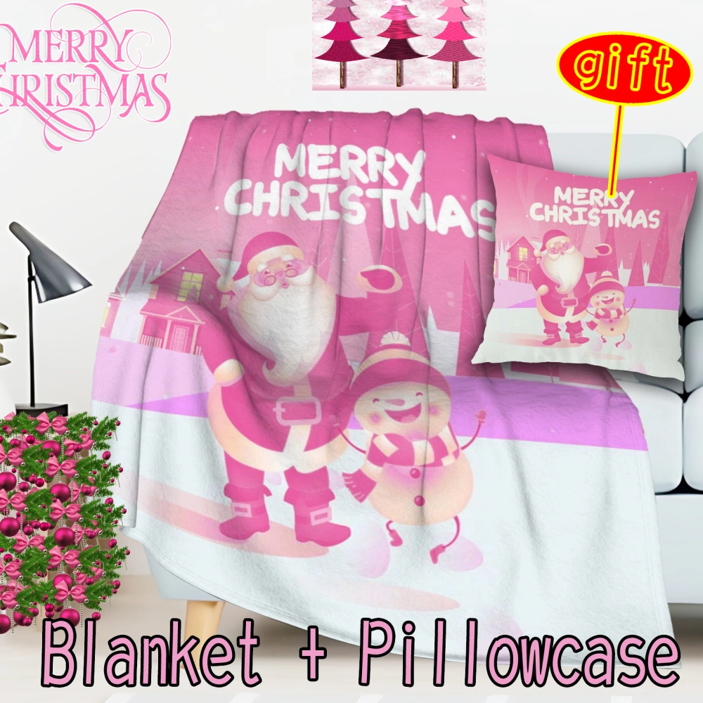 2Pcs Pink Christmas Blanket Pillowcase,Lightweight Blanket Holiday Theme Home Décor Best Gift Idea(Pink-25,32x48'')