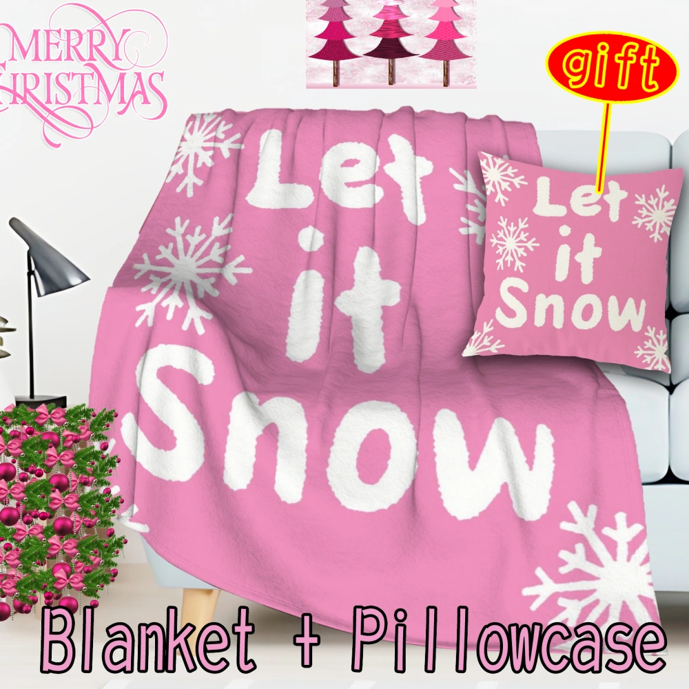 2Pcs Pink Christmas Snow Fleece Throw Blanket Pillowcase, Thick Winter Warm Cozy Flannel Deer Blanket for Couch Soft(Pink-30,32x48'')