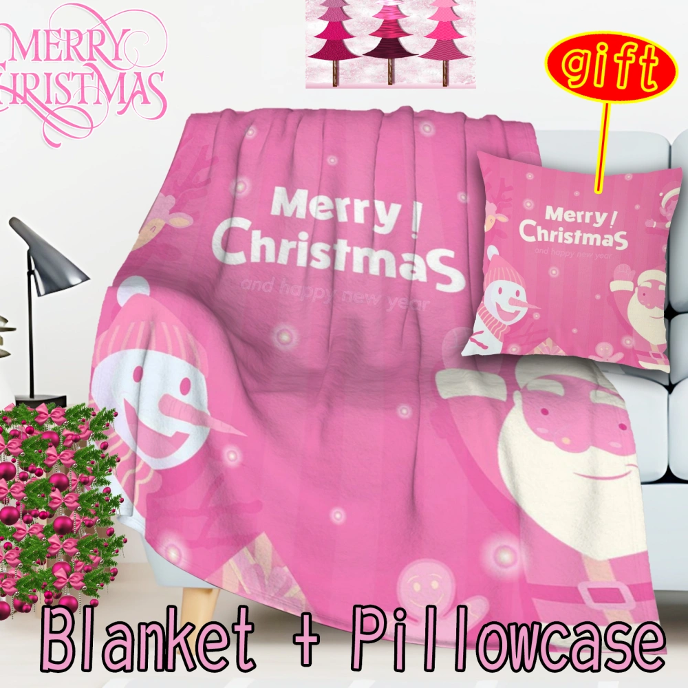 2Pcs Pink Christmas Throw Blanket Pillowcase,Christmas Reindeer Fleece Blanket Super Soft Flannel Blanket for Couch Bed Sofa(Pink-27,32x48'')