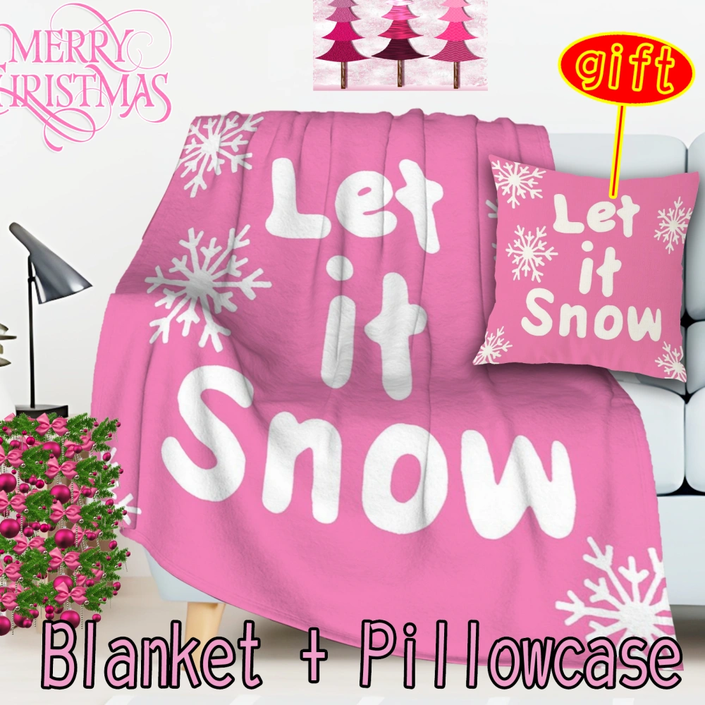 2Pcs Pink Merry Christmas Plush Throw Blanket Pillowcase, Snowman Blanket for Sofa Couch Teens Decor Pink Xmas Tree Flannel Fleece Blanket Christmas(Pink-33,32x48'')