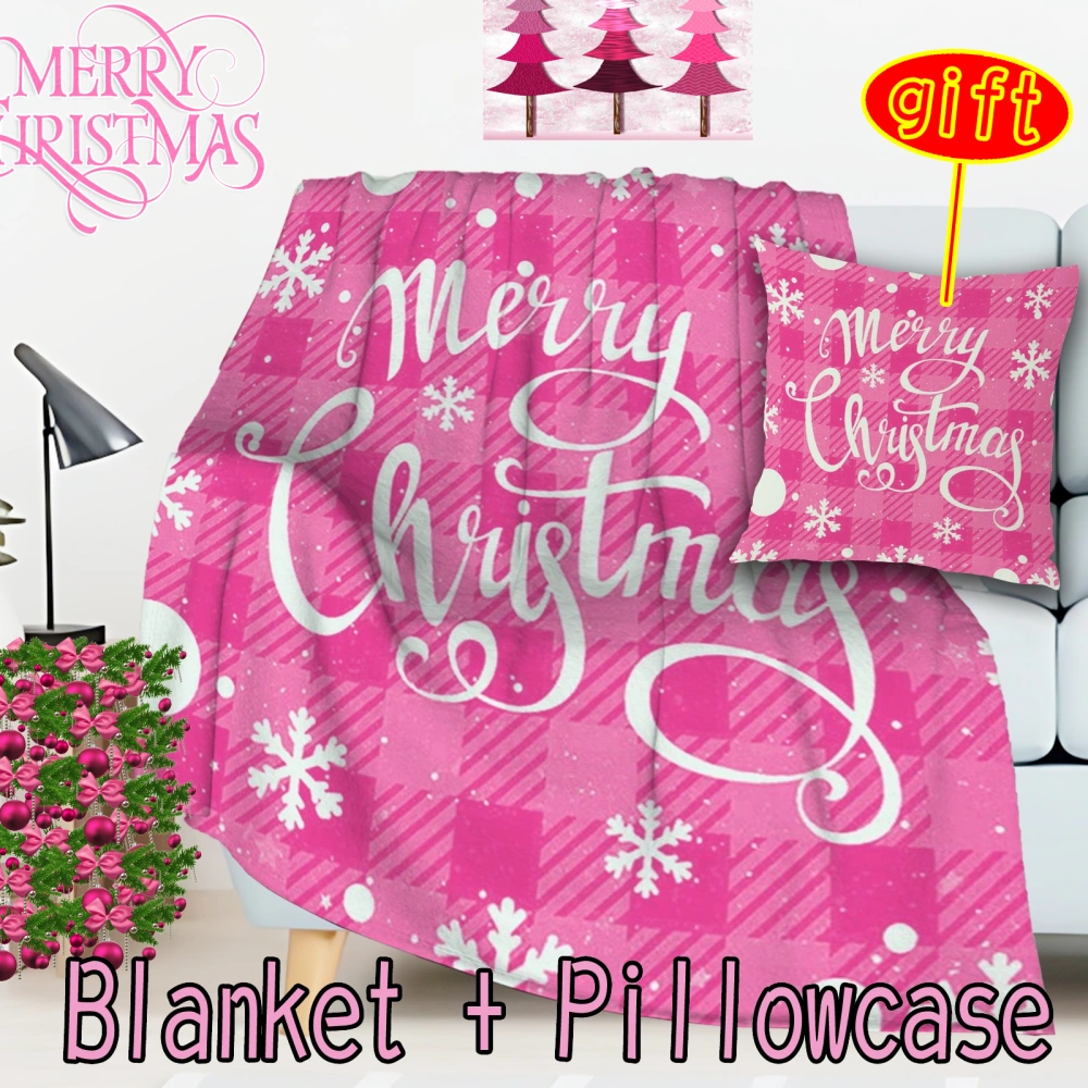 2Pcs Pink Christmas Santa Snowman Throw Blanket with Pillow Cover,Soft Flannel Blankets, Soft Warm Cozy Lightweight Decorative Blanket for Couch, Bed, Sofa, Travel(Pink-38,32x48'')