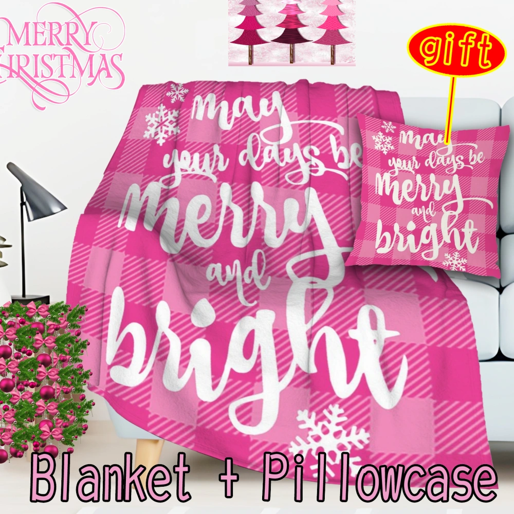 2Pcs Pink Christmas Santa Snowman Throw Blanket with Pillow Cover,Valentines Day Gift for Wife,, Girlfriend, Partner, Romantic Gifts(Pink-42,32x48'')