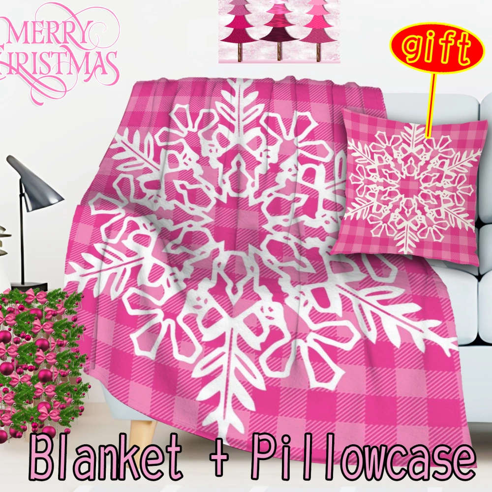 2Pcs Pink Christmas Santa Snowman Throw Blanket with Pillow Cover,for Couch and Bed, Soft Cozy Blanketl,Blankets and Throws, Farmhouse Warm Blanket for Men and Women(Pink-41,32x48'')