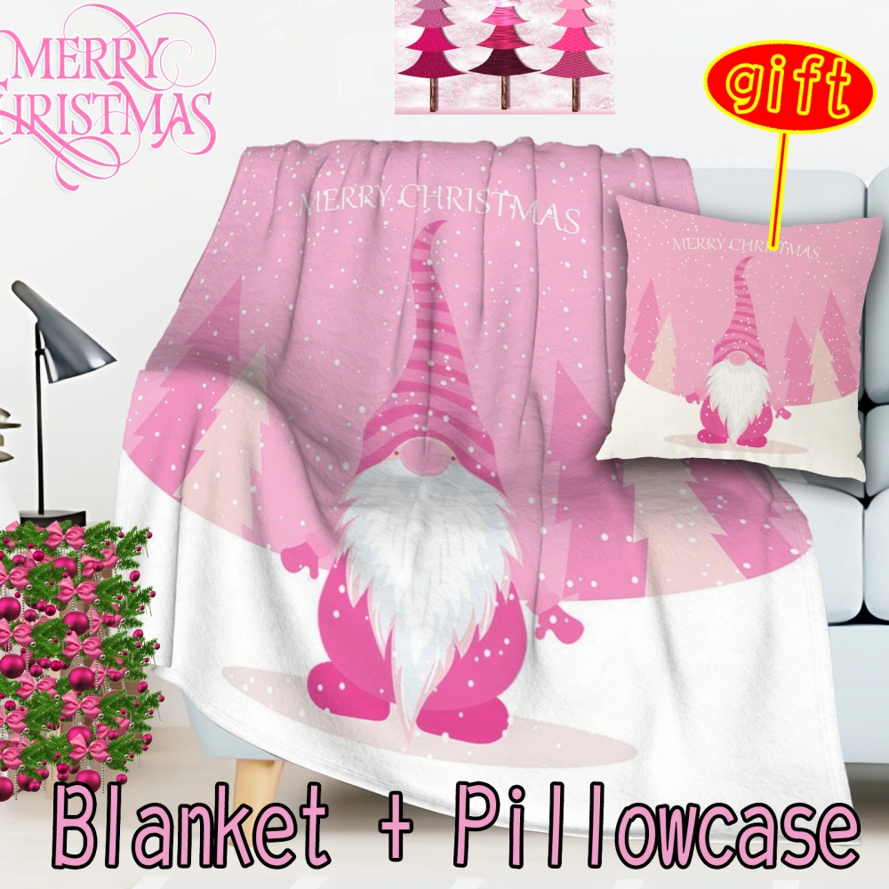 2Pcs Pink Christmas Santa Snowman Throw Blanket with Pillow Cover,Super Soft Warm Blanket for Couch Lightweight Fluffy Blanket for Bed Sofa(Pink-52,32x48'')