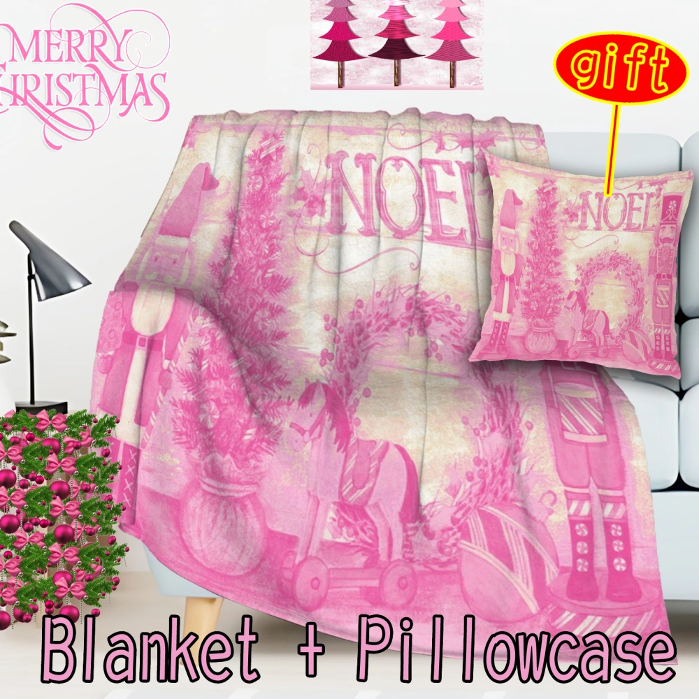 2Pcs Pink Christmas Santa Snowman Throw Blanket with Pillow Cover for Sofa Chair Couch Bed Living Bed Room(Pink-57,32x48'')