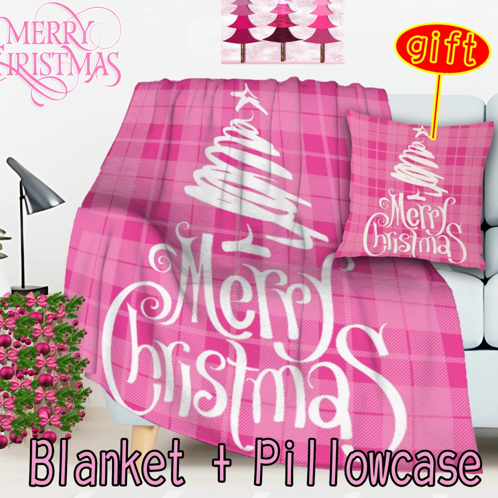 2Pcs Pink Christmas Santa Snowman Throw Blanket with Pillow Cover for Couch, Blanket Versatile for Bed- Super Soft Warm Decorative Blanket for Chair, Sofa and Living Room(Pink-60,32x48'')