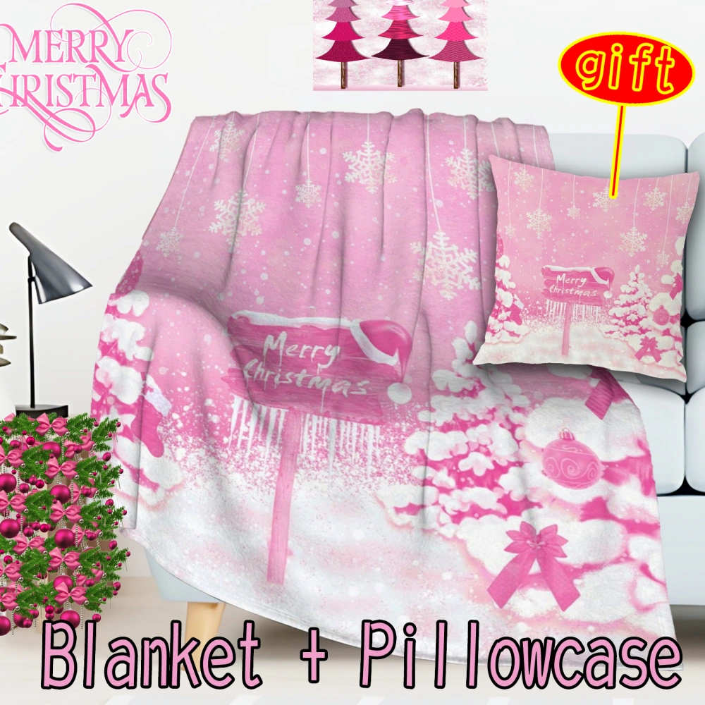 2Pcs Pink Christmas Santa Snowman Throw Blanket with Pillow Cover for Couch Cozy Soft Blankets Couch Chairs Sofa Bedroom Living Room Boys Girls Adults Student(Pink-64,32x48'')