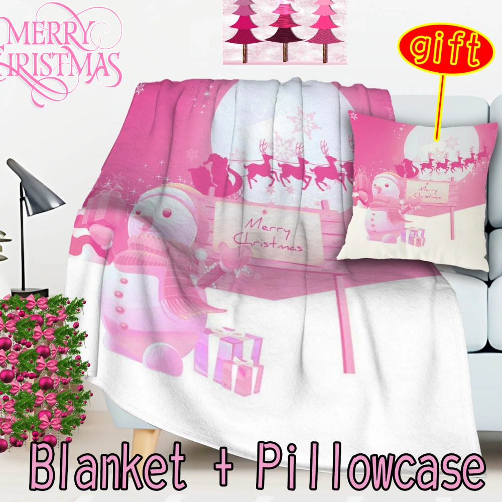 2Pcs Pink Christmas Santa Snowman Throw Blanket with Pillow Cover,Flannel Fleece Lightweight Cozy Plush - 3D Print Throw for Sofa Couch Bed(Pink-68,32x48'')