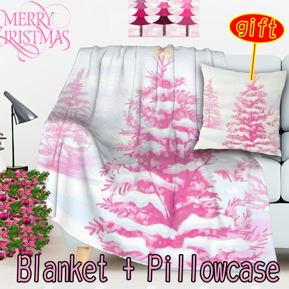 2Pcs Pink Christmas Santa Snowman Throw Blanket with Pillow Cover,Couch, Soft Blankets for Adults Throw, Cozy Throw Blankets for Bed, Sofa Blanket Throw(Pink-71,32x48'')