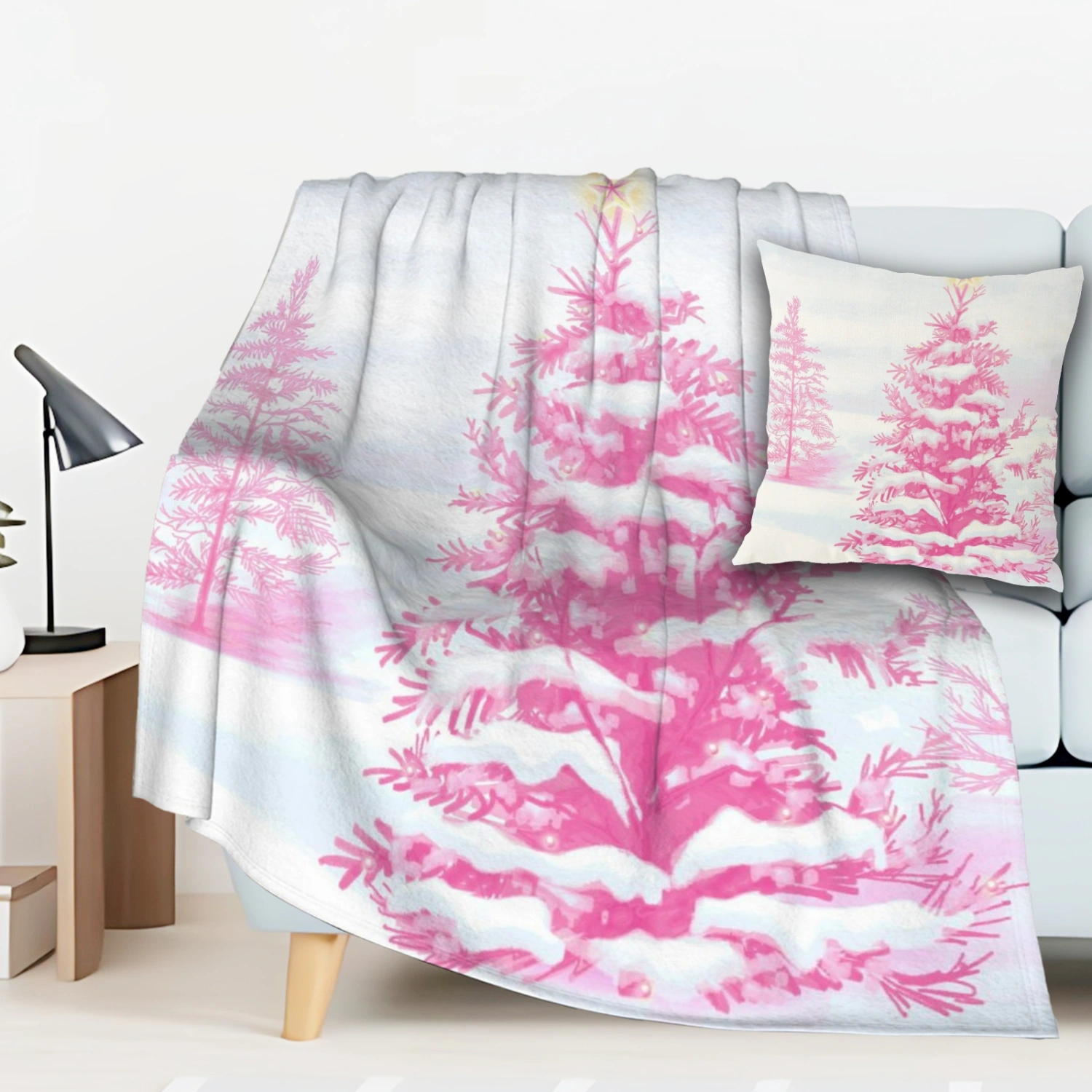 2Pcs Pink Christmas Santa Snowman Throw Blanket with Pillow Cover,Couch, Soft Blankets for Adults Throw, Cozy Throw Blankets for Bed, Sofa Blanket Throw(Pink-71,32x48'')