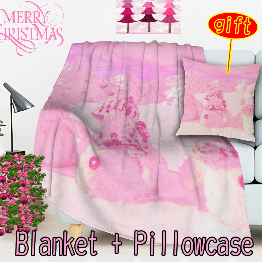 2Pcs Pink Christmas Santa Snowman Throw Blanket with Pillow Cover for Couch - Fuzzy Plush Comfy Furry Warm Super Soft Throw Blankets for Sofa and Bed(Pink-66,32x48'')