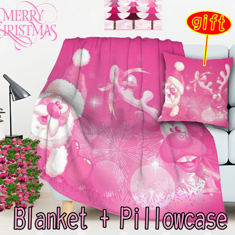 2Pcs Pink Christmas Santa Snowman Throw Blanket with Pillow Cover,3D Pattern Warm Luxury Plush Blanket, Ultra Soft & Lightweight Textured Throw Blanket for Couch, Sofa and Bed(Pink-73,32x48'')