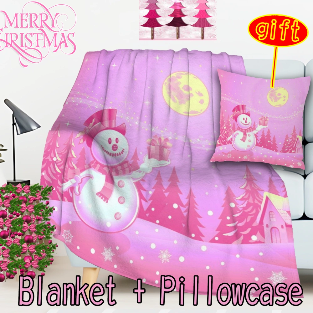 2Pcs Pink Christmas Santa Snowman Throw Blanket with Pillow Cover,Flannel Blankets for Bedding Couch Sofa Living Room Throws All Season(Pink-69,32x48'')