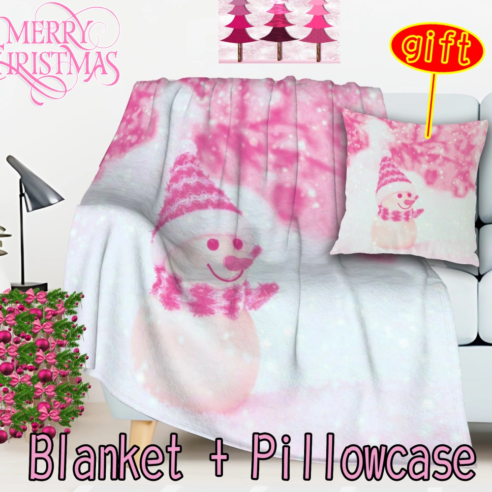 2Pcs Pink Christmas Santa Snowman Throw Blanket with Pillow Cover,3d Print Textured Throw Blanket Farmhouse Soft Cozy Warm Couch Blanket(Pink-75,32x48'')