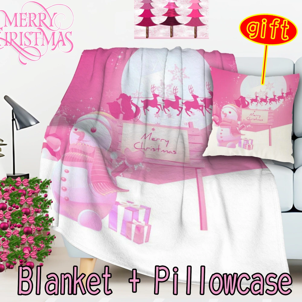 2Pcs Pink Christmas Santa Snowman Super Soft Blanket Extra Warm Pinched Pleat Winter Blanket for Couch Sofa Bed(Pink-79,32x48'')