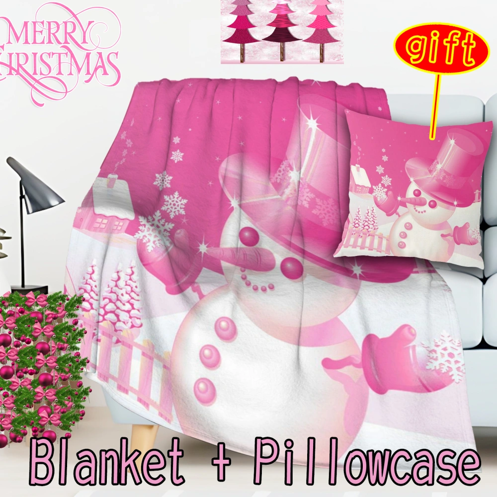 2Pcs Pink Christmas Santa Snowman Soft Throw Blanket -3D Printed Blanket Home Decoration for Sofa,Bed(Pink-82,32x48'')